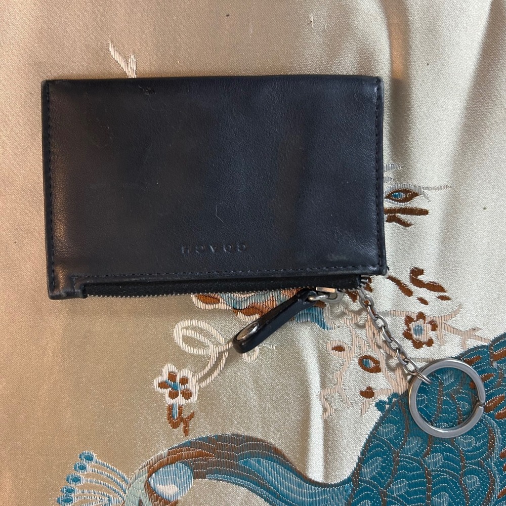 Coach Mini Skinny ID Case Black Leather Coin Purse Key Ring Wallet 4.5x3